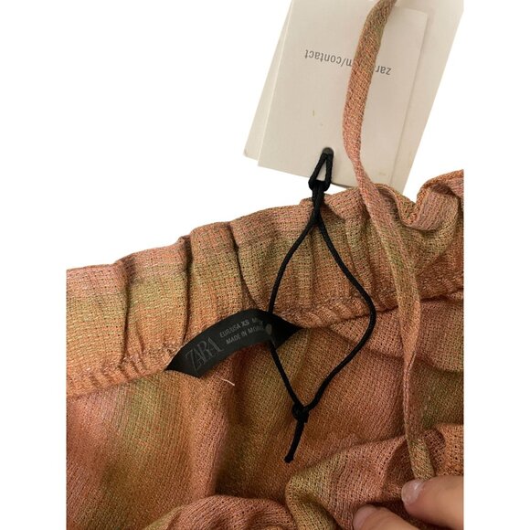 Zara Womens Midi Linen Skirt A-Line XS Pink Tan Plaid Drawstring 4043/077 NWT - Picture 3 of 15